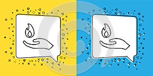 Set line Hand holding a fire icon isolated on yellow and blue background. Vector