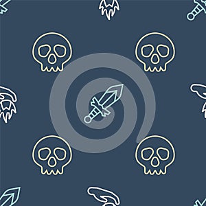 Set line Hand holding a fire, Skull and Medieval sword on seamless pattern. Vector