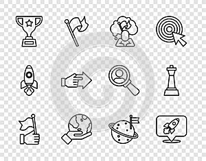 Set line Hand holding flag, Rocket ship, Man, Earth globe, Award cup, with pointing finger, Moon and Chess icon. Vector