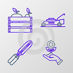 Set line Hand holding flower, Gardening handmade scissors for trimming, Lawn mower and Wooden box fruits vegetables icon