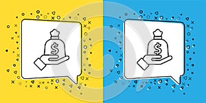 Set line Hand holding money bag icon isolated on yellow and blue background. Dollar or USD symbol. Cash Banking currency