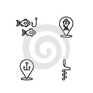 Set line Hand ice drill, Fishing hook, with fish and Location fishing icon. Vector