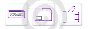 Set line Hand like, Power button and Document folder icon. Vector