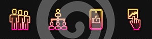 Set line Hand like, Users group, Hierarchy organogram chart and Team leader. Glowing neon icon. Vector