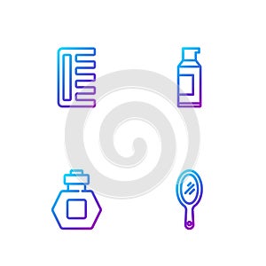 Set line Hand mirror, Perfume, Hairbrush and Spray can for hairspray. Gradient color icons. Vector