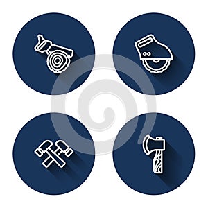 Set line Hand saw and log, Electric circular, Crossed hammer and Wooden axe with long shadow. Blue circle button. Vector