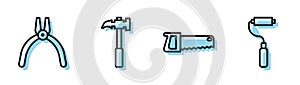 Set line Hand saw, Pliers tool, Claw hammer and Paint roller brush icon. Vector.