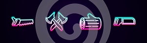 Set line Hand saw, Wooden axe, log and Hacksaw. Glowing neon icon. Vector