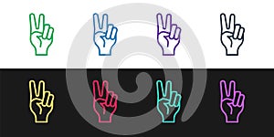 Set line Hand showing two finger icon isolated on black and white background. Hand gesture V sign for victory or peace