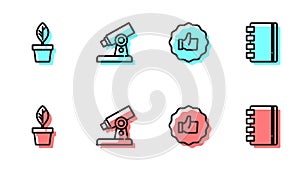 Set line Hand thumb up, Plant in pot, Microscope and Spiral notebook icon. Vector