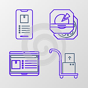 Set line Hand truck and boxes, Laptop with app delivery tracking, Pizza cardboard and Mobile phone icon. Vector