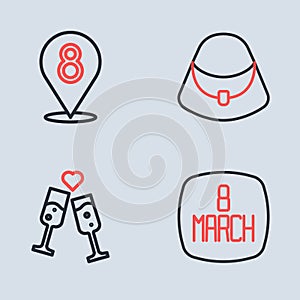 Set line Handbag, Glass of champagne, 8 March and icon. Vector
