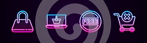 Set line Handbag, Shopping basket on laptop, Price tag with Free and Remove shopping cart. Glowing neon icon. Vector