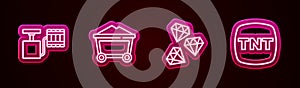 Set line Handle detonator, Mine coal trolley, Gem stone and Dynamite. Glowing neon icon. Vector