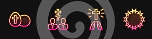 Set line Hands in praying position, Easter egg, Priest and Crown of thorns. Glowing neon icon. Vector