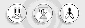 Set line Hands in praying position, Easter rabbit and Christian chalice icon. Vector