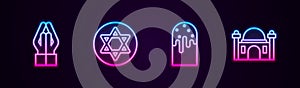 Set line Hands in praying position, Star of David, Easter cake and Muslim Mosque. Glowing neon icon. Vector