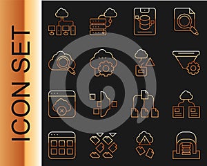 Set line Hangar with servers, Cloud technology data transfer, Filter setting, Server, Data, Web Hosting, Search cloud