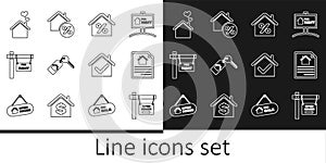 Set line Hanging sign with Open house, House contract, percant, key, For Rent, heart shape, check mark and icon. Vector