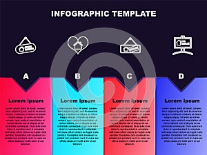 Set line Hanging sign with Open house, House heart shape, Sold and For Sale. Business infographic template. Vector