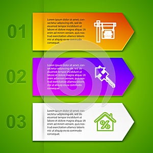 Set line Hanging sign with Open house, House key, percant and Realtor. Business infographic template. Vector