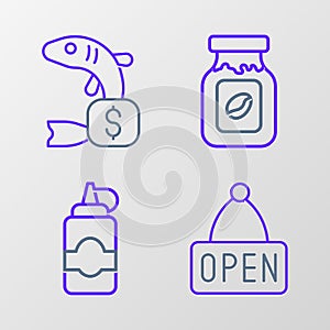 Set line Hanging sign with Open, Sauce bottle, Coffee jar and Price tag for fish icon. Vector