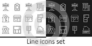 Set line Hanging sign with Rent, House plan, text Sold, Market store, key, Sale, and contract icon. Vector