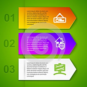 Set line Hanging sign with For Rent, House under protection, Sold and . Business infographic template. Vector