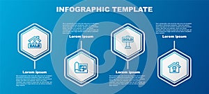 Set line Hanging sign with Sale, House plan, text Sold and Location house. Business infographic template. Vector