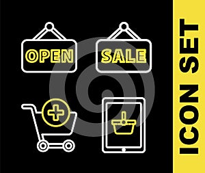 Set line Hanging sign with Sale, Shopping basket on tablet, Add to cart and Open icon. Vector