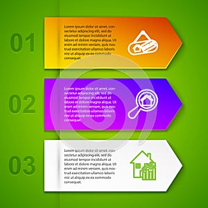 Set line Hanging sign with Sold, Search house, Rising cost of housing and House contract. Business infographic template