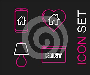 Set line Hanging sign with text Online Rent, Table lamp, House heart shape and Mobile phone smart home icon. Vector