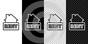 Set line Hanging sign with text Rent icon isolated on black and white background. Signboard with text For Rent. Vector