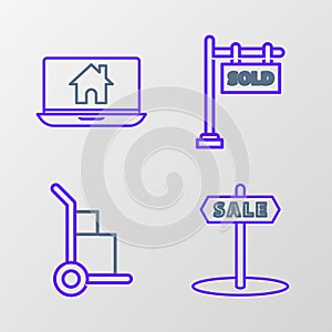 Set line Hanging sign with text Sale, Hand truck and boxes, Sold and Laptop smart home icon. Vector