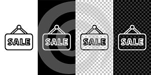 Set line Hanging sign with text Sale icon isolated on black and white background. Signboard with text Sale. Vector