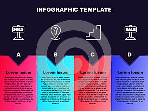 Set line Hanging sign with text Sold, Location key, Staircase and Sale. Business infographic template. Vector