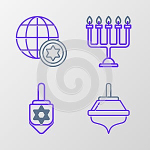 Set line Hanukkah dreidel, menorah and World Globe and Israel icon. Vector