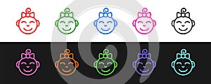 Set line Happy little girl head icon isolated on black and white background. Face of baby girl. Vector