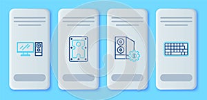 Set line Hard disk drive HDD, Case of computer, Computer monitor and Keyboard icon. Vector