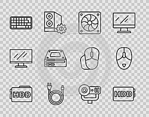 Set line Hard disk drive HDD, Computer cooler, Electric plug, Keyboard, Optical disc, Web camera and mouse icon. Vector