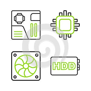 Set line Hard disk drive HDD, Computer cooler, Processor with CPU and Motherboard digital chip icon. Vector