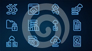 Set line Hard disk drive HDD, File document, Cloud hacking, Server, Data, Web Hosting, Folder and lock, stream