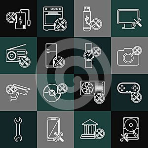 Set line Hard disk drive service, Gamepad, Photo camera, USB flash, Refrigerator, Radio, Power bank and Wrist watch icon