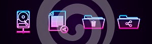 Set line Hard disk drive on sharing network, Share file, Delete folder and . Glowing neon icon. Vector