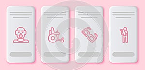 Set line Head of deaf and dumb, Electric wheelchair, Eyeglasses and Human broken arm. White rectangle button. Vector