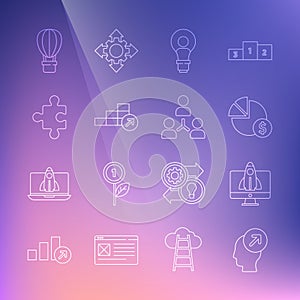 Set line Head hunting concept, Startup project, Pie chart and dollar, with lamp bulb, Financial growth, Piece of puzzle