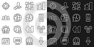 Set line Head hunting, Project team base, Mobile with resume, Users group, and Time Management icon. Vector