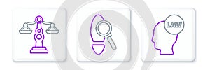 Set line Head with law, Scales of justice and Magnifying glass footsteps icon. Vector