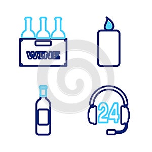 Set line Headphone for support, Bottle of wine, Burning candle and Bottles box icon. Vector