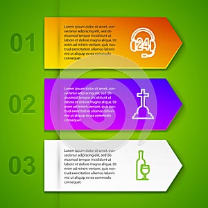 Set line Headphone for support, Tombstone with cross, Wine bottle glass and Bottle of wine bucket. Business infographic